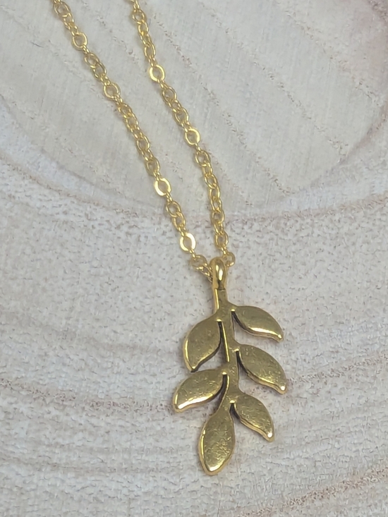 Private Label Jewelry - Olive Branch Necklace 18K Gold Plated 17” + 2" Minimalist Leaf Pendant
